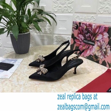 Dolce  &  Gabbana Heel 6.5cm Satin Slingbacks Black with Crystal Bow 2021